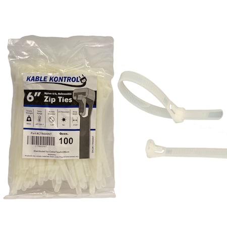 Kable Kontrol Cable Tie, 6 in L, 1-1/4 in Max Bundle Dia., Natural, Nylon 6/6, 50 lb Strength, 100 PK CTR600NT
